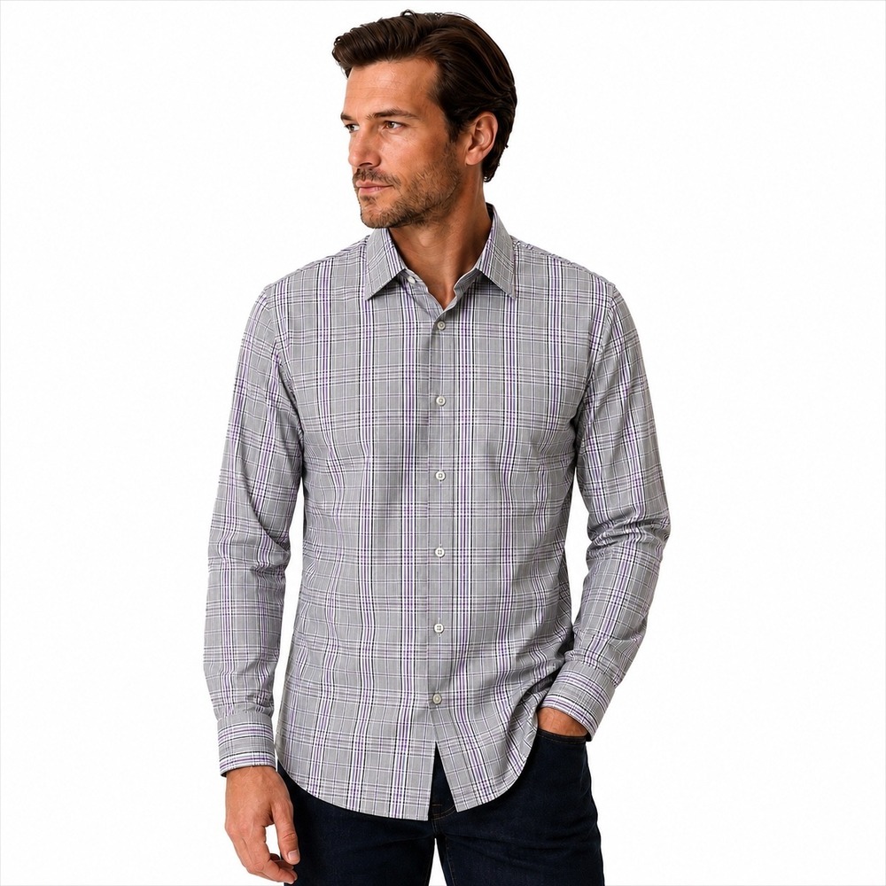 Hugo Boss Mens Slim Fit Plaid Long Sleeve Button Down Shirt Gray Purple Large